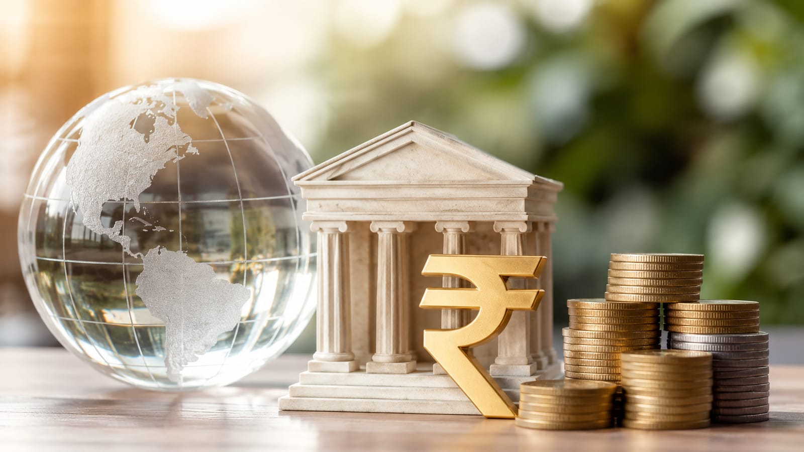 Global bank, Indian Rupee symbol, and coins represent RBI's NRI deposit news.