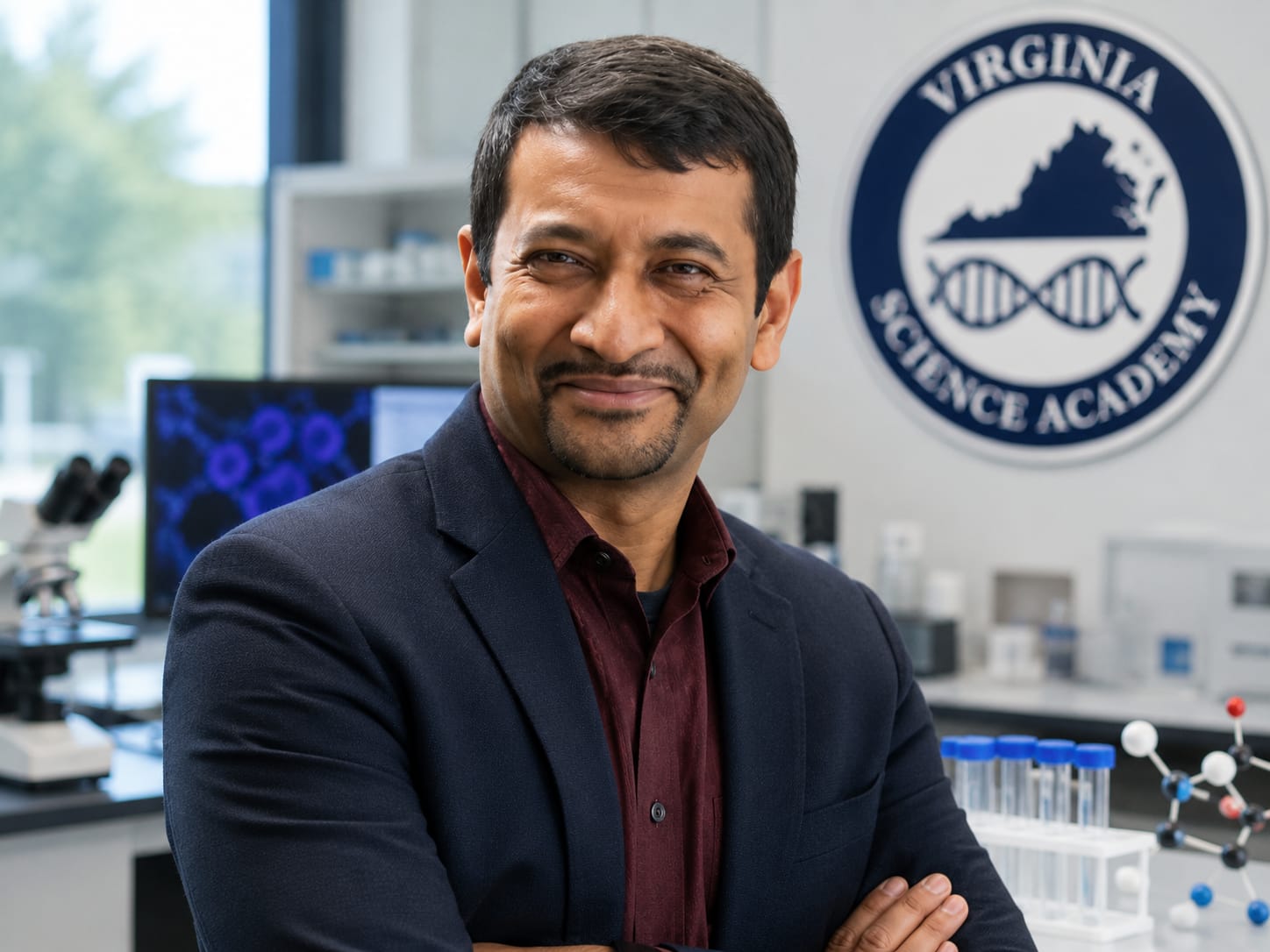 Indian American bioengineer at Virginia Science Academy, featuring "Virginia Science Academy" text.