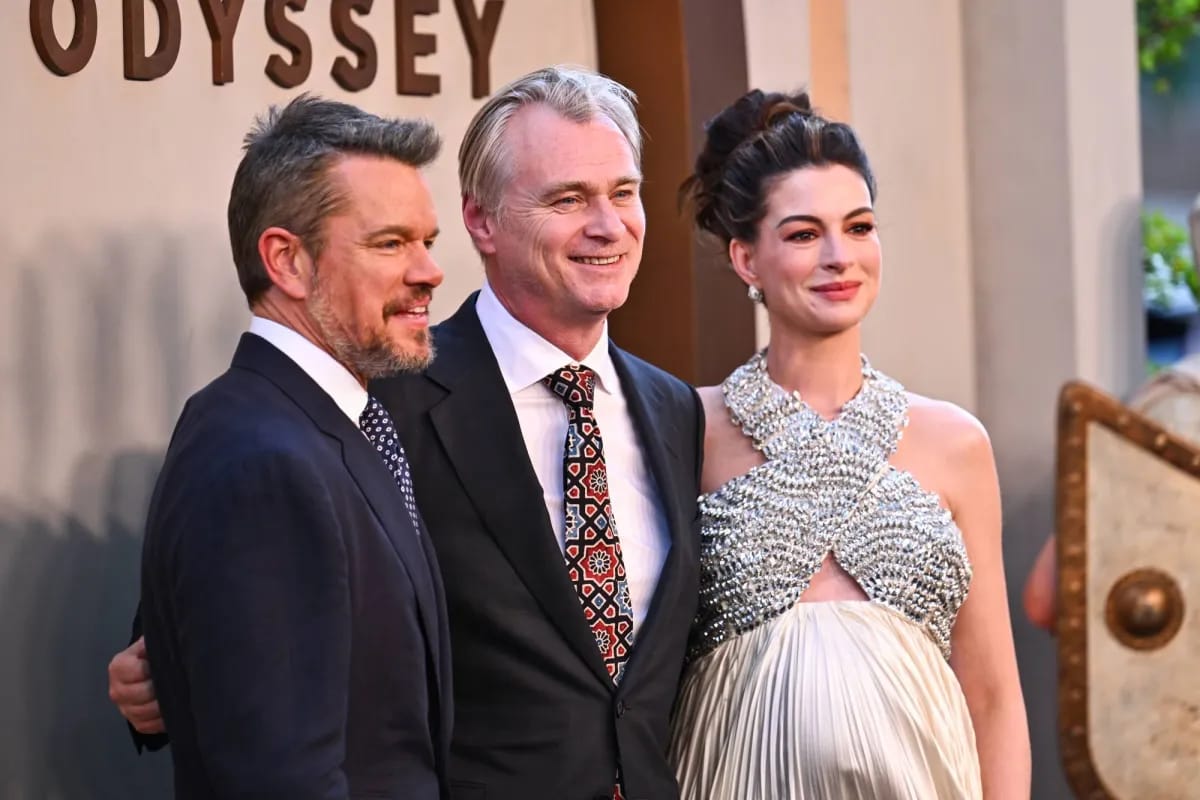 Matt Damon, Christopher Nolan, and Anne Hathaway at 'The Odyssey' premiere